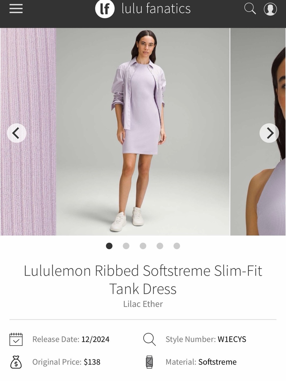 NWT Lululemon Ribbed Softstreme Slim-Fit Tank Dress
Lilac Ether LILE Size 6